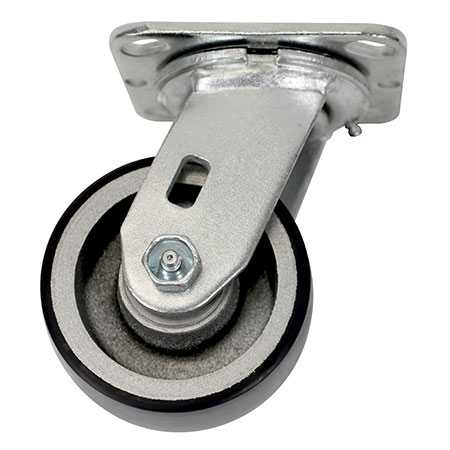 Side view of swivel caster with black and silver wheel